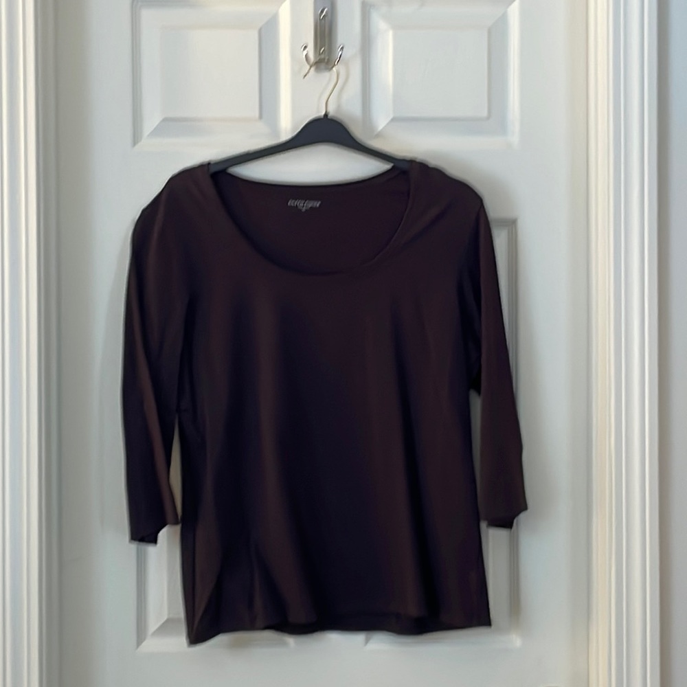 Brown Eileen Fisher Organic Cotton/Lycra 3/4 -length Sleeve T-shirt.